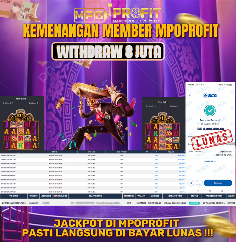 MPOPROFIT JACKPOT PGSOFT! KEMENANGAN MURNI DI (WILD BANDITO TOTAL 8.000.000,- LUNAS)